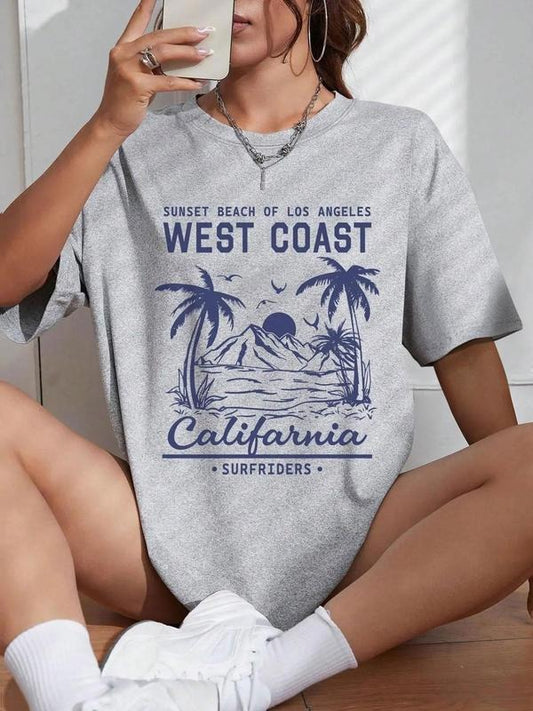 Women's Sunset Beach & Coconut Tree Print Drop Shoulder Tee, Casual Graphic Half Sleeve Round Neck T-Shirt for Summer,...