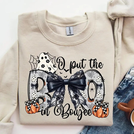 Women's Sweatshirt, I Put The Boo In Boujee Sweatshirt, Boo-Jee Ghost Sweater, Coquette Halloween Shirts Cotton Polyester...