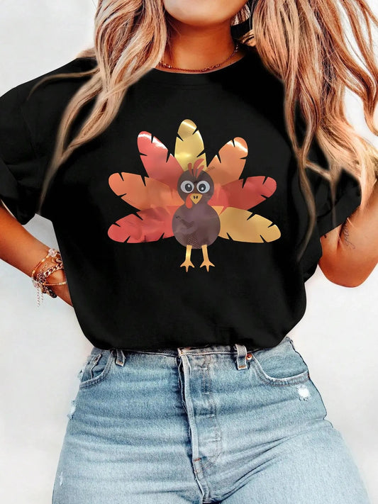 Women's Thanksgiving Turkey Print Round Neck Graphic Tee, Vintage Trendy Casual Drop Shoulder Short Sleeve T-shirt for...