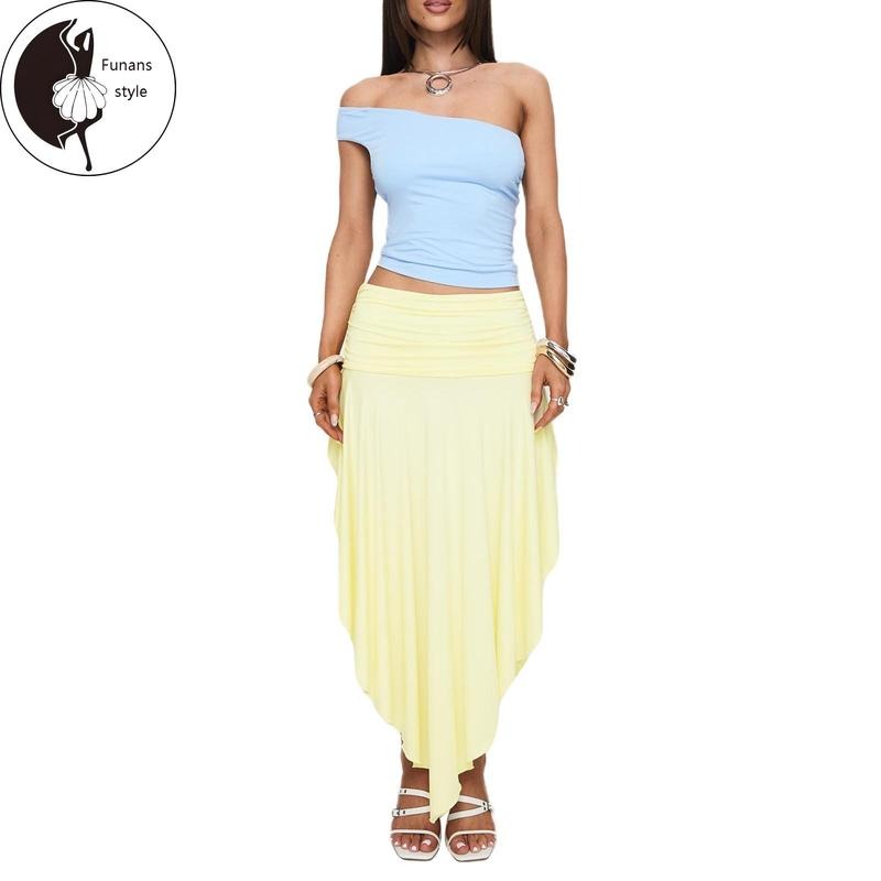Women's Trendy Asymmetrical Skirt Solid Color High Waist Pleated Hem Long Skirt for Travel, Beach, Shopping T-Shirts,...