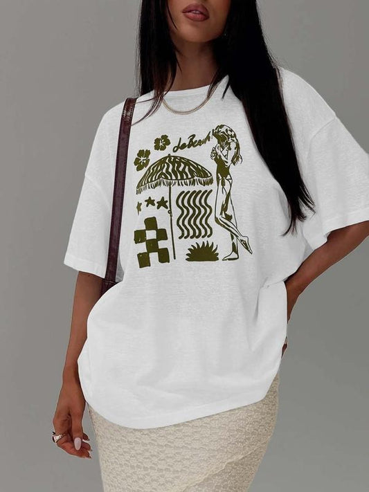 Women's Umbrella & Letter Print Round Neck Tee, Casual Fashion T-shirt for Daily Wear, Ladies Clothes for All Seasons...