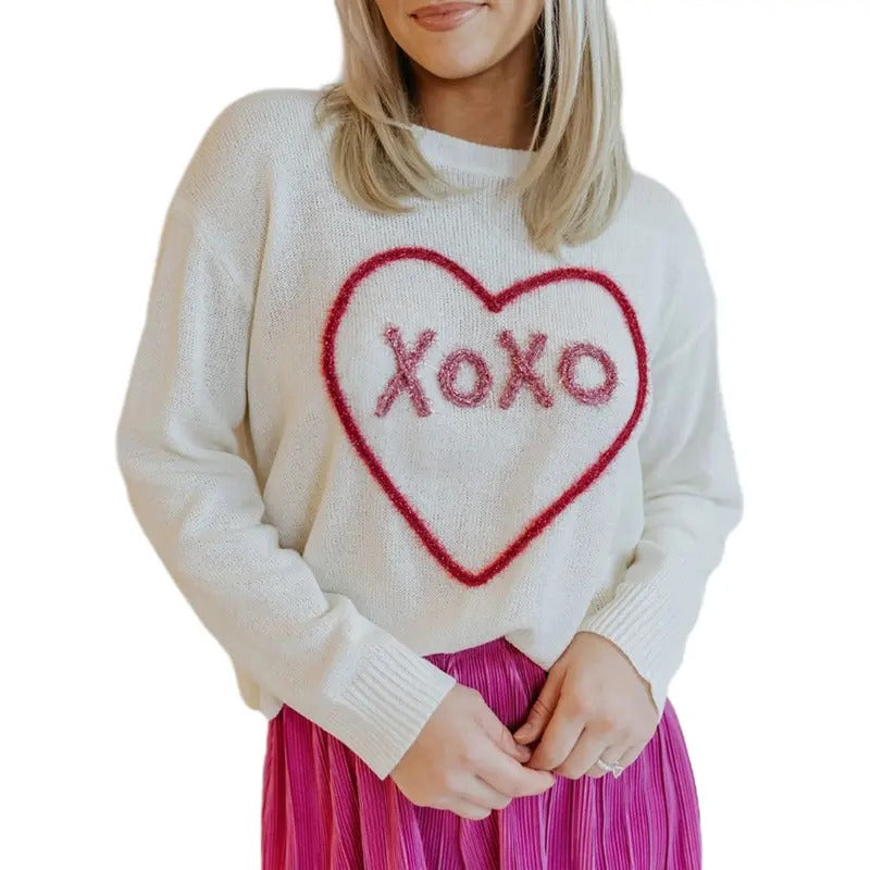 Women's Valentine's Day Knit Sweater Long Sleeve Round Neck Heart Letter Embroidery Knitwear T-Shirts, Hoodie, Sweatshirt