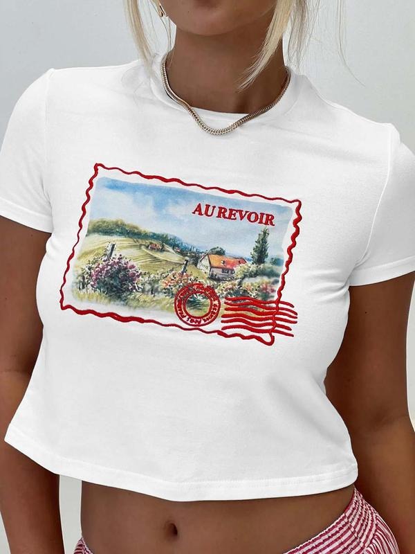 Women's Vintage Postage Stamp Print Round Neck Crop Tee, Trendy Casual Short Sleeve T-shirt for Daily Wear, Ladies All...
