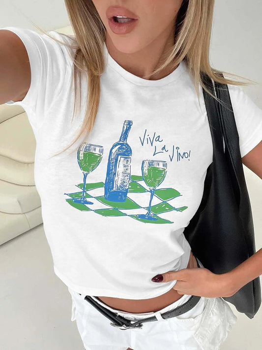 Women's Wine Glass Print Round Neck Tee, Casual  Short Sleeve T-shirt for Daily Wear, Ladies Clothes for All Seasons...