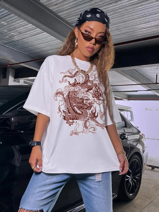 Women's Y2k Trendy Dragon Print Round Neck Drop Shoulder Tee, Summer Clothes Women, Vintage Crewneck Baggy Oversized Top,...