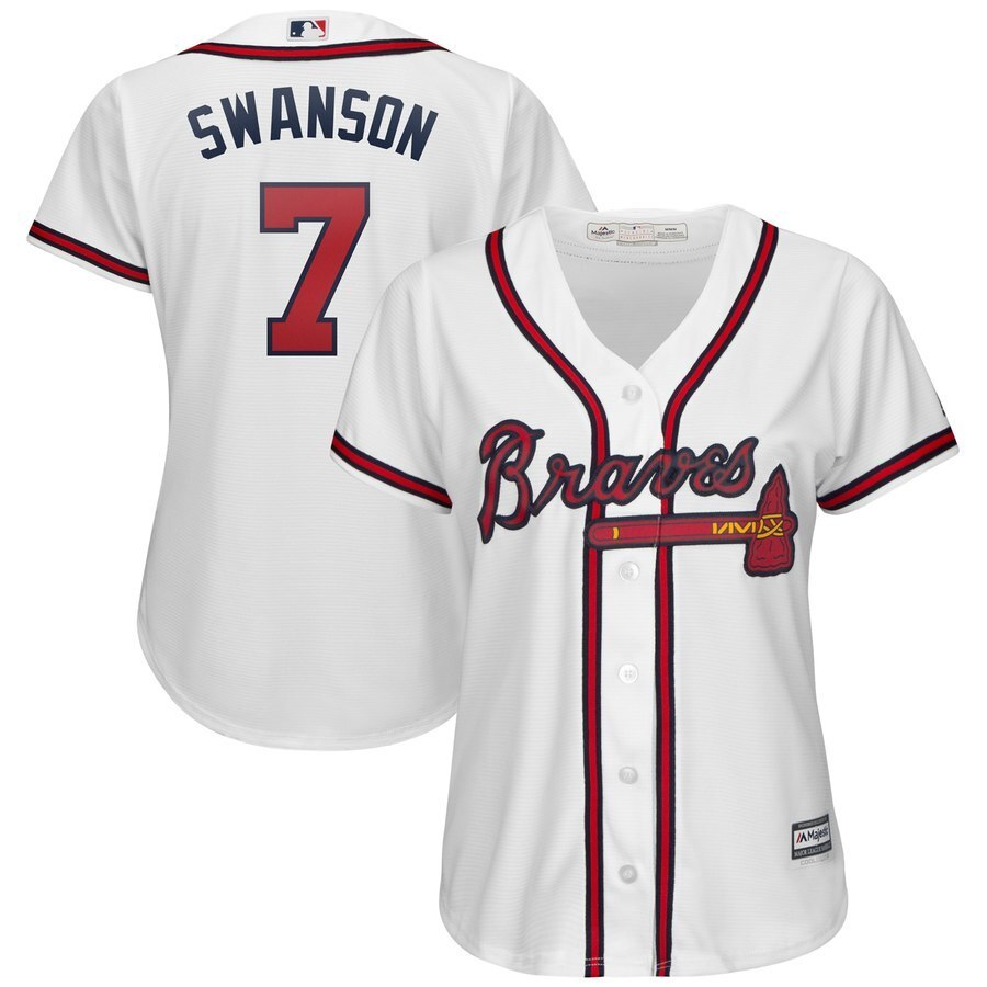 Women Atlanta Braves #7 Dansby Swanson Majestic 2019 Home Cool Base Player Jersey - White