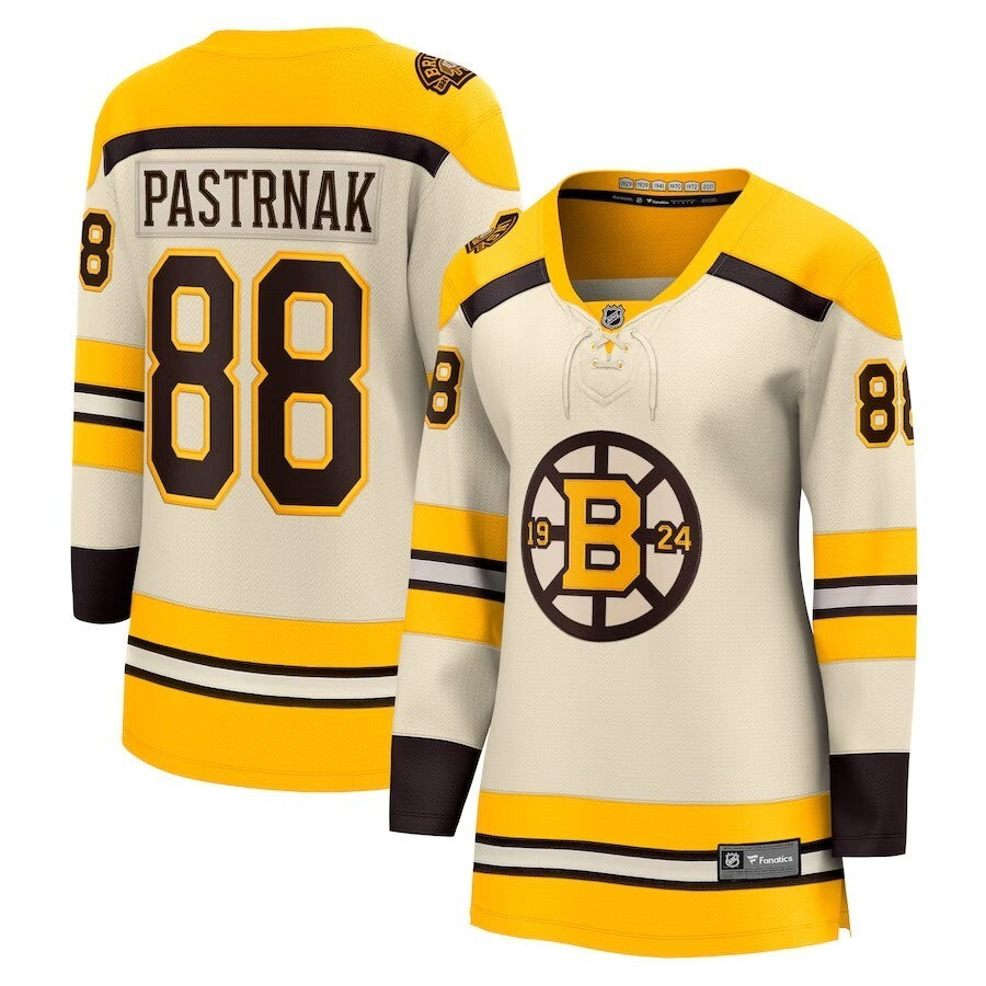 Women Boston Bruins #88 David Pastrnak Branded 100th Anniversary Premier Breakaway Player Jersey - Cream