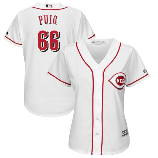 Women Cincinnati Reds #66 Yasiel Puig Majestic Home Cool Base Player Jersey – White