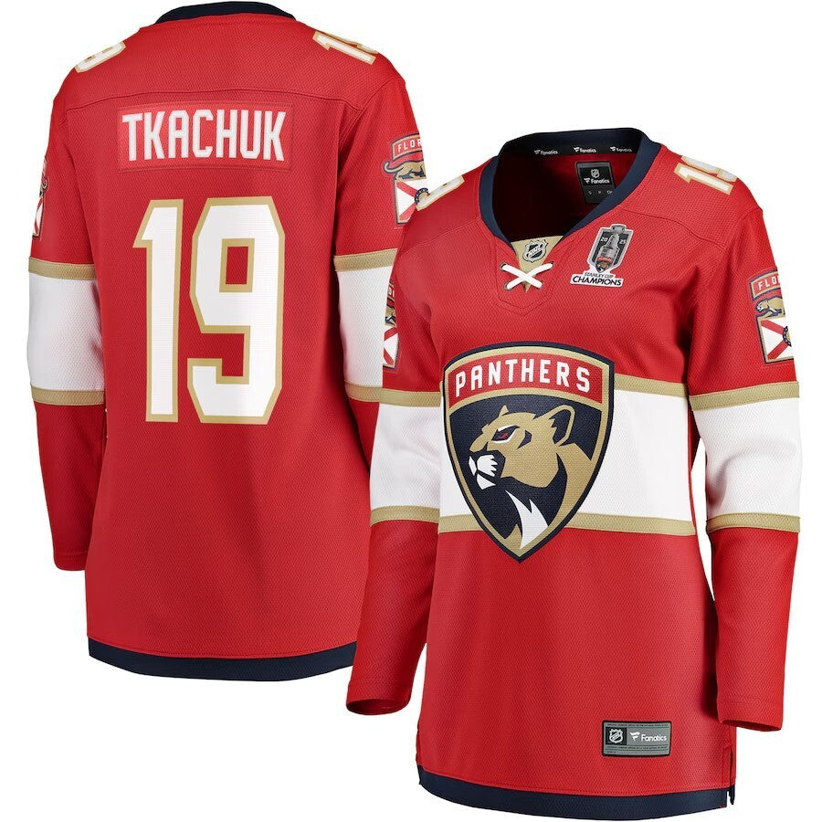 Women Florida Panthers #19 Matthew Tkachuk 2025 Stanley Cup Champions Breakaway Jersey - Red