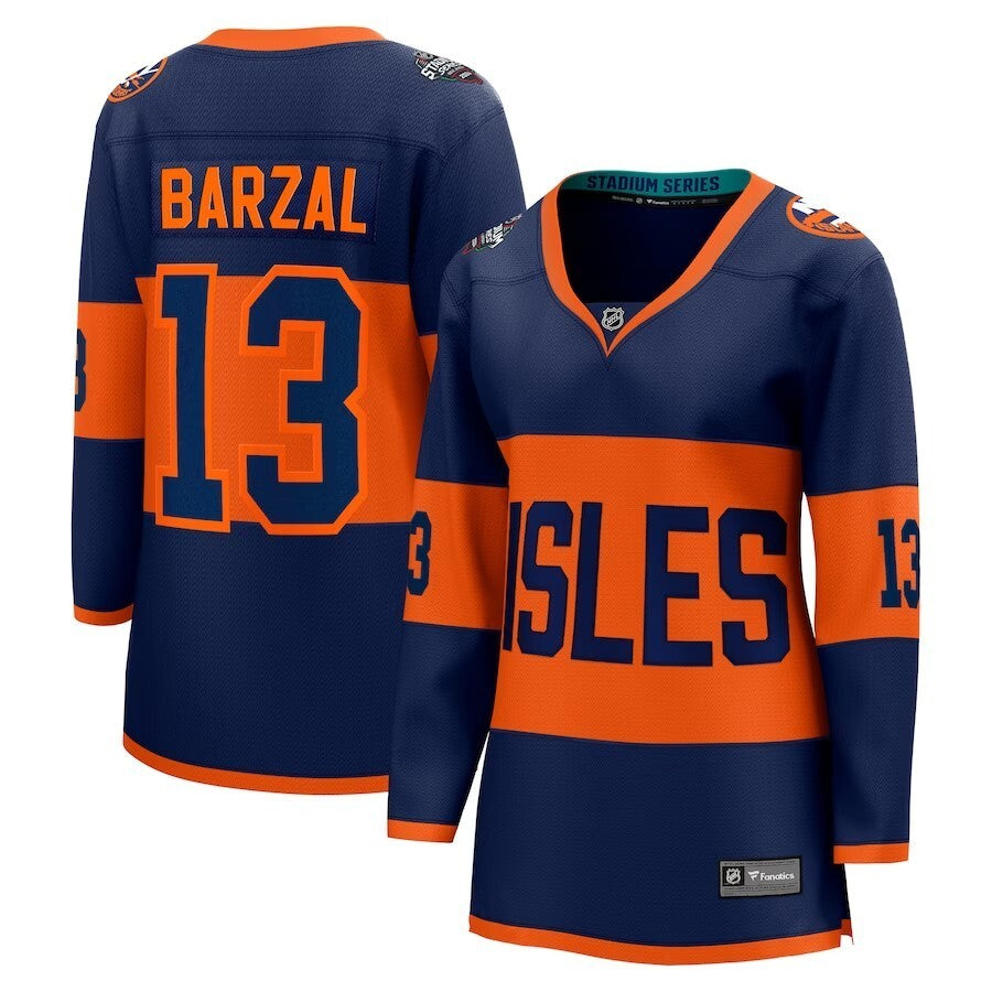 Women New York Islanders #13 Mathew Barzal Fanatics Branded 2024 NHL Stadium Series Breakaway Player Jersey – Navy
