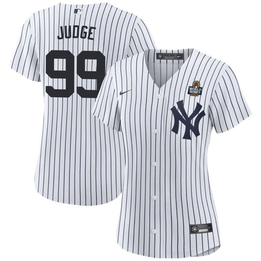 Women New York Yankees #99 Aaron Judge White 2024 World Series With Name Cool Base