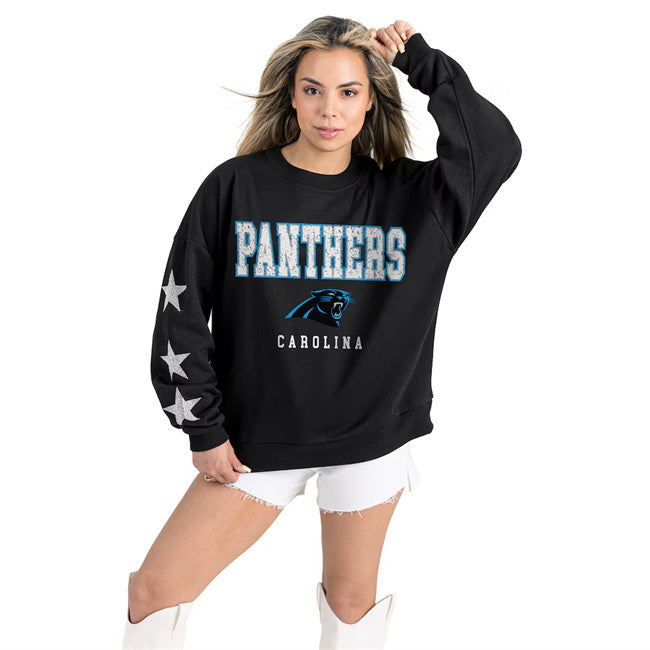 Women's Carolina Panthers Gameday Couture Black Velocity Relaxed Rhinestone Pullover