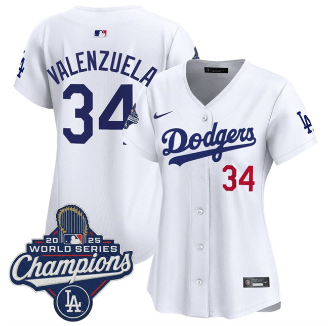 Women's Los Angeles Dodgers #34 Fernando Valenzuela White 2025 World Series Champions