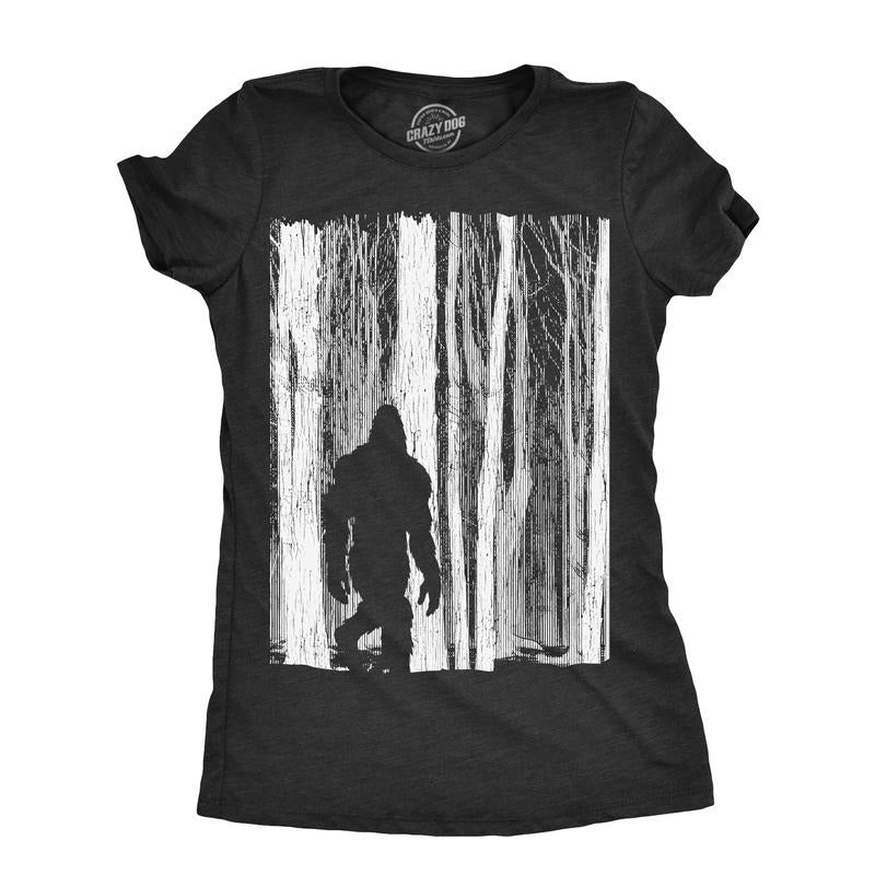 Womens Bigfoot In The Forest T Shirt Funny Sasquatch Outdoors Wild Joke Tee For Ladies Funny Womens T Shirts Cute...