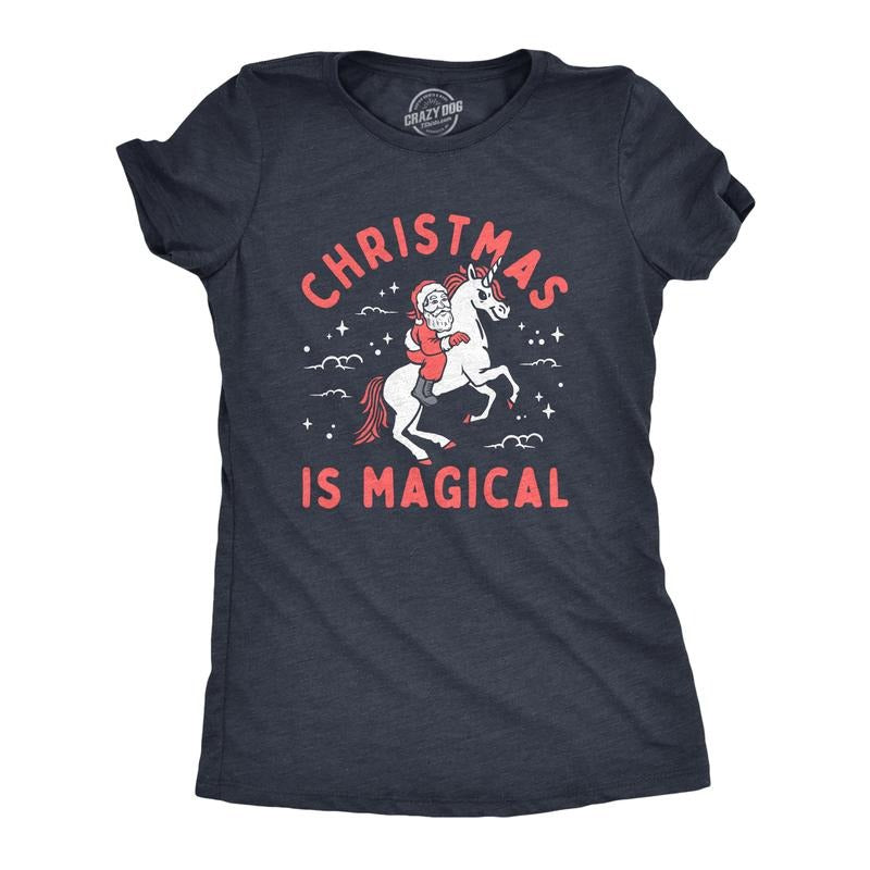 Womens Christmas Is Magical T Shirt Funny Santa Claus Fantasy Unicorn Tee For Ladies Funny Womens T Shirts Cute Slimming...