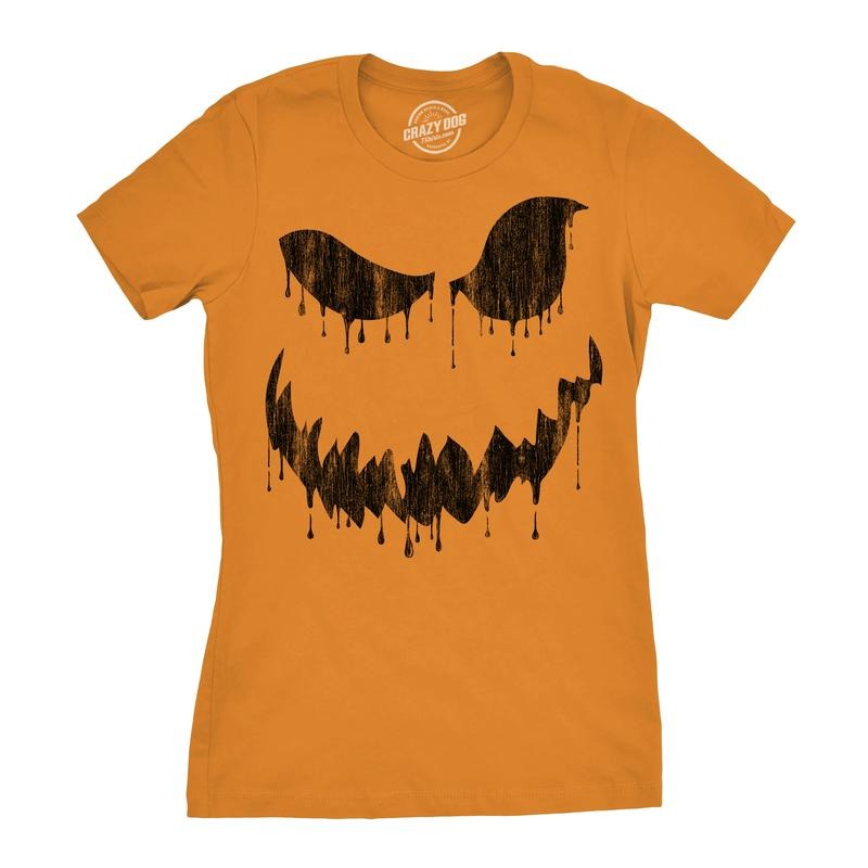 Womens Drippy Dan Pumpkin T Shirt Funny Halloween Jack O Lantern Creepy Smile Tee For Ladies Funny Womens T Shirts Cute...