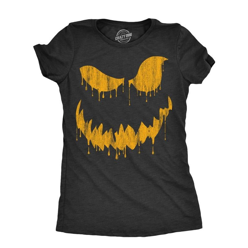 Womens Drippy Dan Pumpkin T Shirt Funny Halloween Jack O Lantern Creepy Smile Tee For Ladies Funny Womens T Shirts Cute...