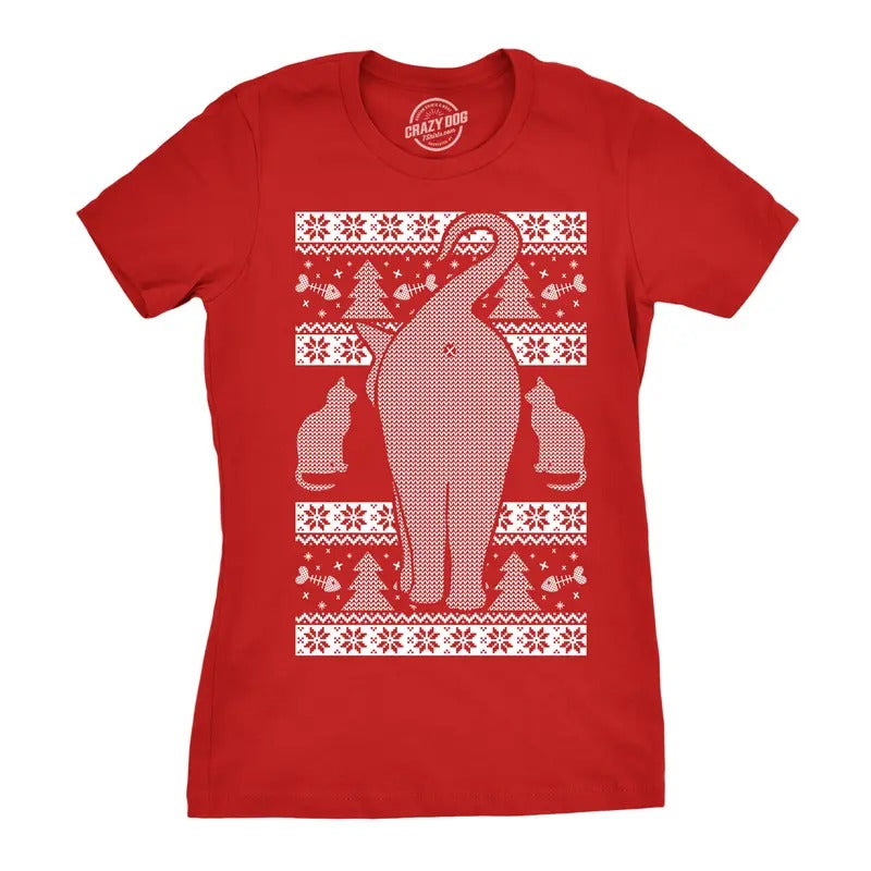Womens Festive Cat Butt Ugly Christmas Sweater T Shirt Funny Holiday Party Tee Funny Womens T Shirts Cute Slimming Top...