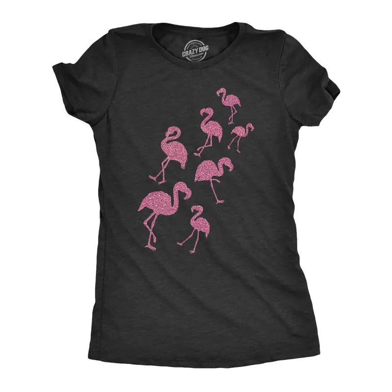 Womens Glitter Flamingos T Shirt Funny Cute Top Vacation Graphic Novelty Tee For Ladies Funny Womens T Shirts Cute...