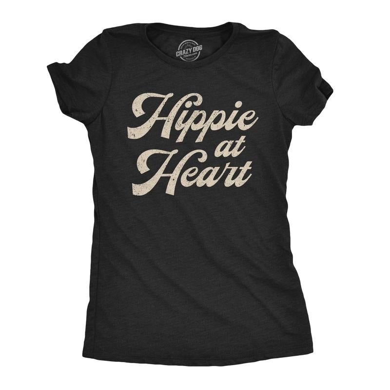 Womens Hippie At Heart T Shirt Funny Flower Child 70s Groovy Graphic Tee Funny Womens T Shirts Cute Slimming Top...