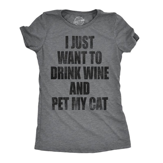 Womens I Just Want To Drink Wine and Pet My Cat Funny Cat Lover Graphic T shirt Funny Womens T Shirts Cute Slimming Top...