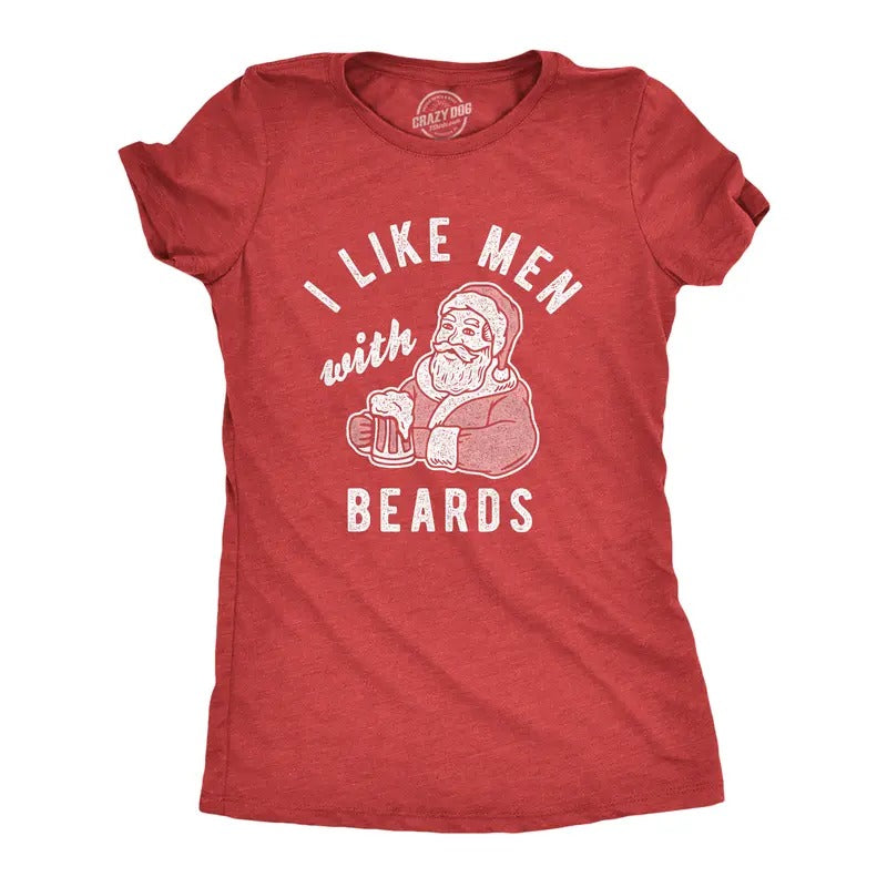 Womens I Like Men With Beards T Shirt Funny Christmas Santa Claus Beer Graphic Tee Funny Womens T Shirts Cute Slimming...