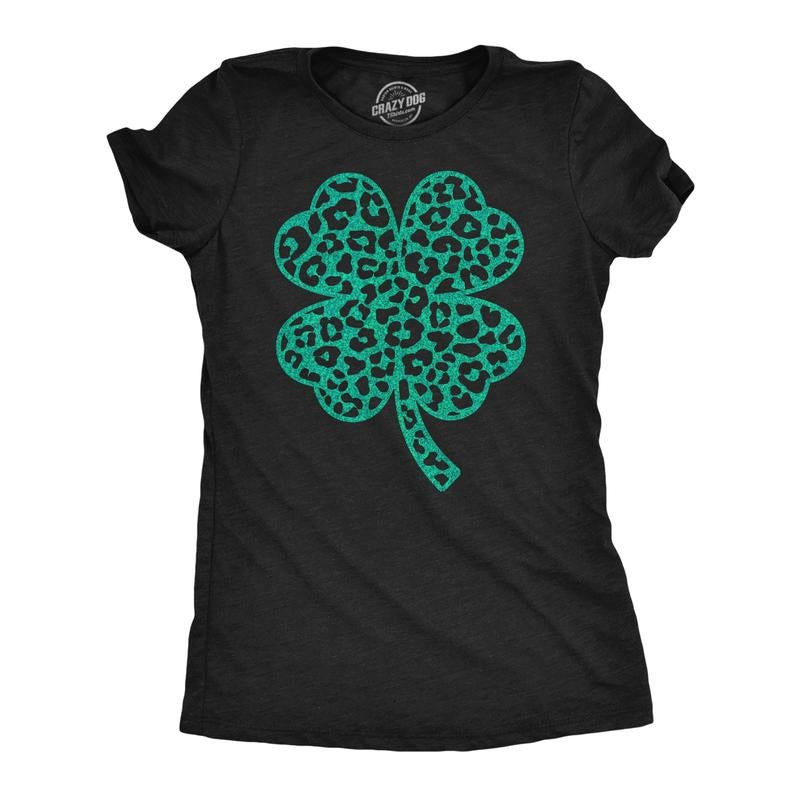 Womens Leopord Print Clover T Shirt Funny Cute Green Glitter St Paddys Day Shamrock Tee for Ladies Funny Womens T Shirts...