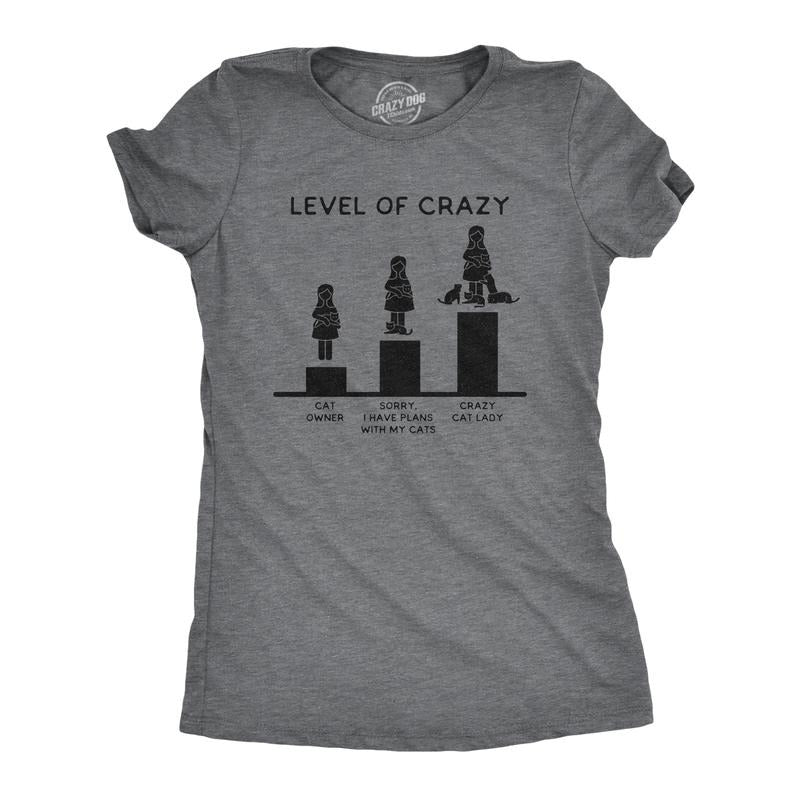 Womens Level Of Crazy T Shirt Funny Crazy Cat Lady Pet Kitty Animal Lover Graphic Novelty Tee Funny Womens T Shirts Cute...
