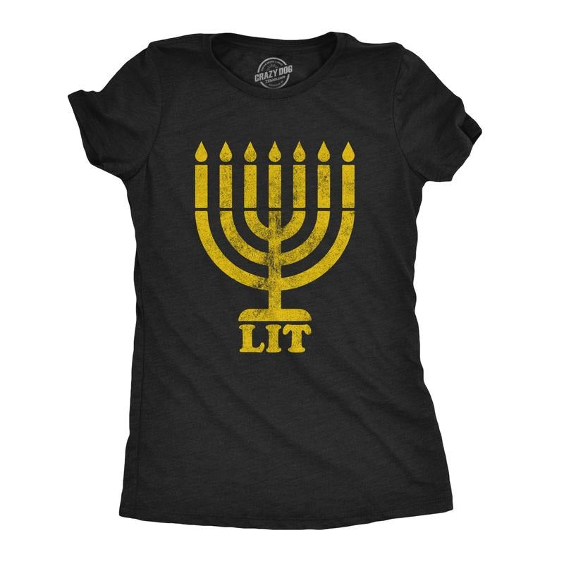 Womens Lit Menorah T Shirt Funny Hanukkah Jewish Holiday Novelty Tee Funny Womens T Shirts Cute Slimming Top Comfortable...