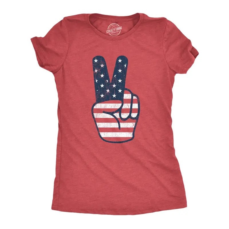 Womens Peace Sign American Flag T Shirt 4th Of July USA Patriotic Party Graphic Tee Funny Womens T Shirts Cute Slimming...