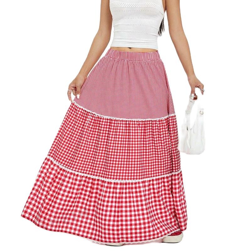 Womens Plaid Print Long Skirt Red Ruffles Flared Elastic Waist High Waist Skirts Light Womenswear T-Shirts, Hoodie,...