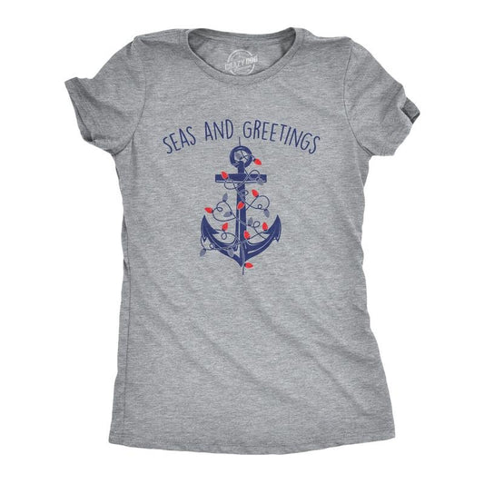 Womens Seas And Greetings T Shirt Funny Xmas Lights Sailing Anchor Joke Tee For Ladies Funny Womens T Shirts Cute...