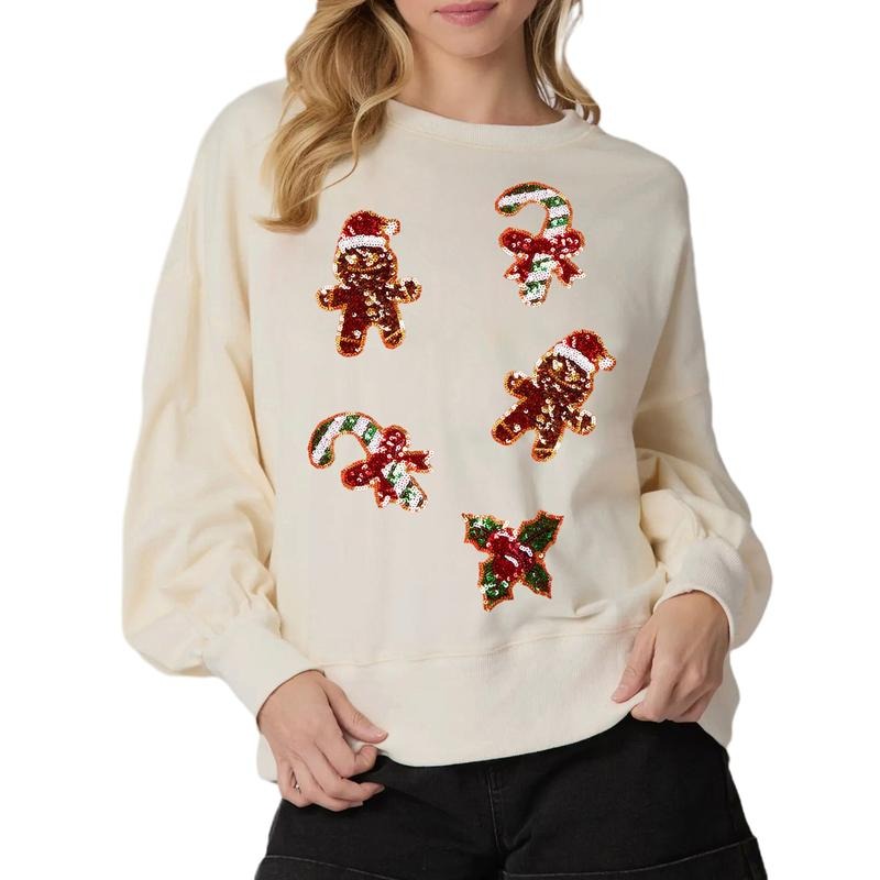 Womens Sequin Christmas Sweatshirt Gingerbread Crewneck Long Sleeve Pullover Tops Casual Streetwear T-Shirts, Hoodie