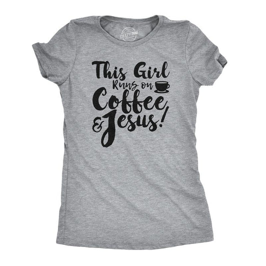 Womens This Girl Runs Off Coffee and Jesus T Shirt Funny Faith Church Cool Tee Funny Womens T Shirts Cute Slimming Top...