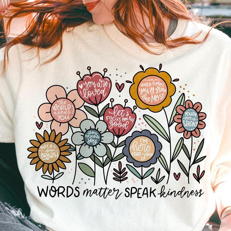 Words matter speak kindness boho floral Unisex Shirt, flowers Unisex, inspirational T-Shirt, kindnes Unis Top Casual...