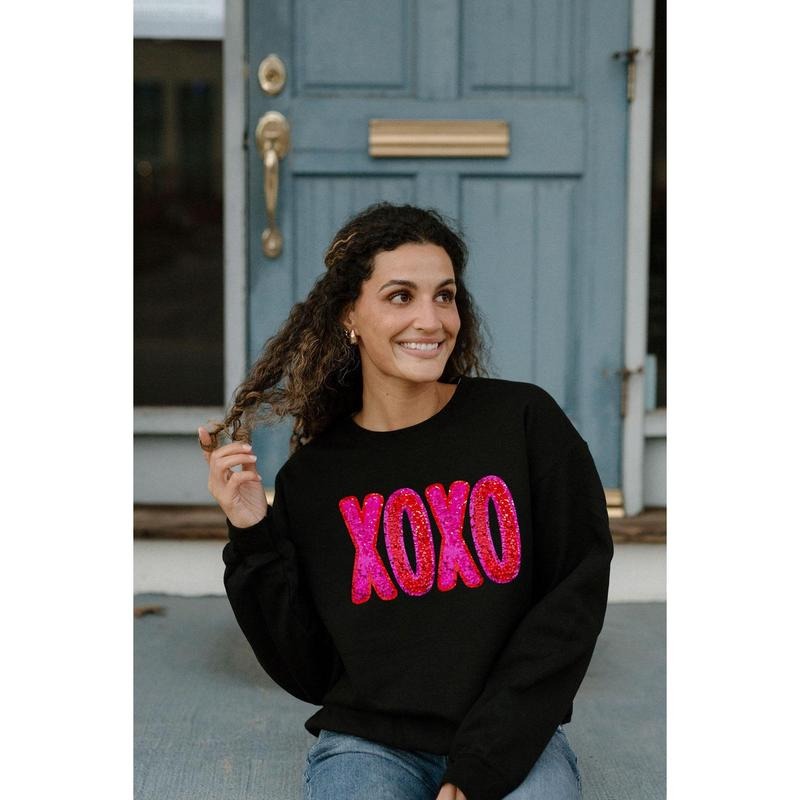 XOXO Valentine's Day Sequin Print Sweatshirt Puff Text Pink Valentine's Sweater, Custom Valentines Day Gift for...