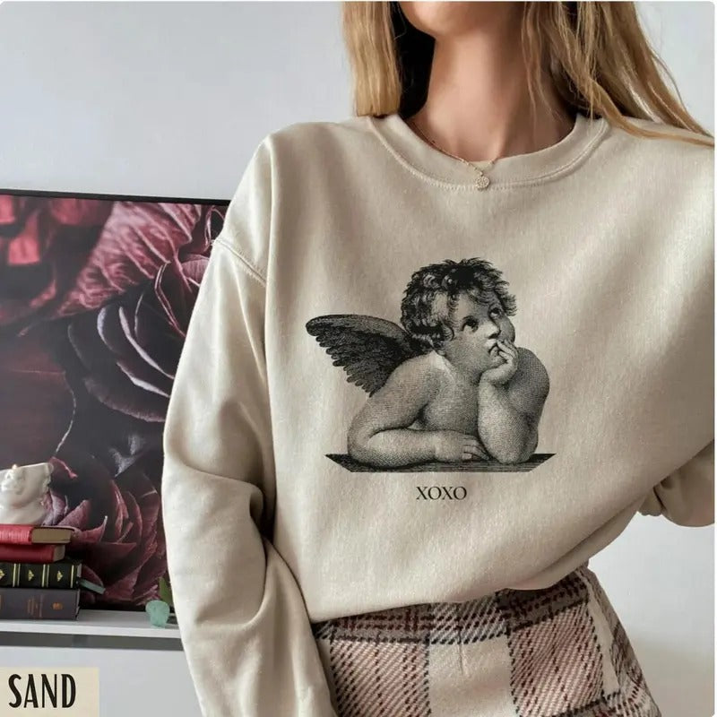 Xoxo Cherub Angel Sweatshirt, Light Academia Tee Shirt, Valentine Angel Cupid Sweater, Gift For Valentine's Day Hoodie