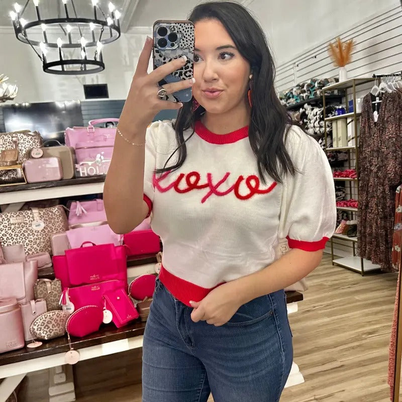 Xoxo Puff Sleeve Embroidery Crop Sweater T-Shirts, Hoodie, Sweatshirt | WearSparks.com