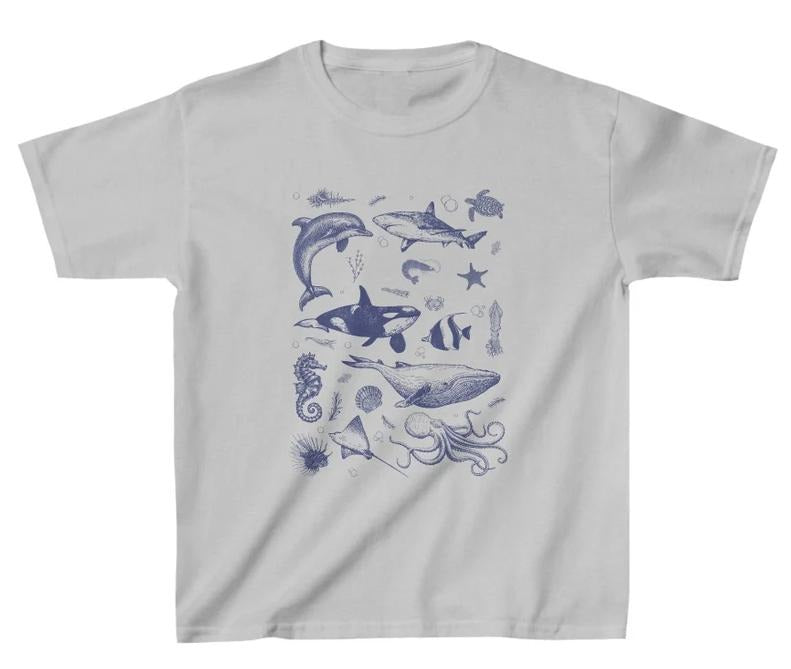 Y2K Baby Tee Vintage 90s Ocean Shirt, Retro Sealife Wonders with Whale, Orca, Turtle & Dolphin  - graphic baby tee