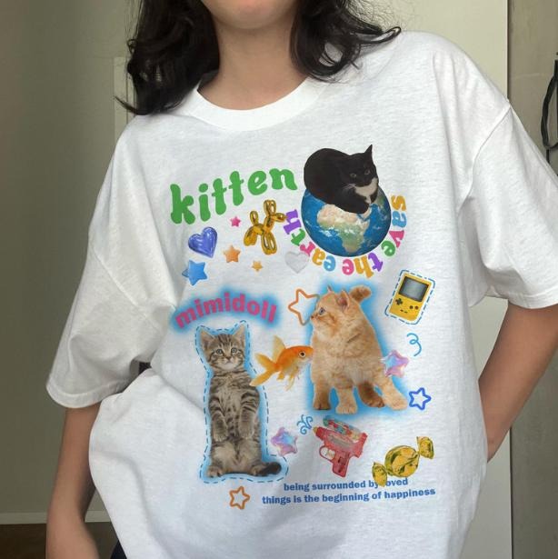 Y2K Fun Silly Cat T-Shirt, 90s Kawaii Kidcore Cat Meme Tee, Unisex Graphic Tees Gothic Grunge Y2k Emo Scene Amity...