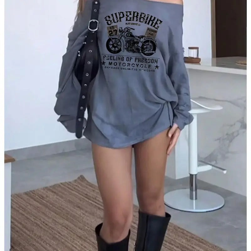 Y2K Letter Graphic Printed Off The Shoulder Long Sleeve T Shirt Oversized Casual Tops Fashion Outfits Hoodie, Sweatshirt