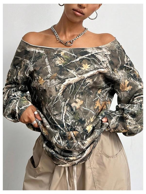 Y2k Camo Shirt Tropical Graphic Off The Shoulder Sweatshirt Oversized T Shirts Long Sleeve Camouflage Tee Top Hoodie