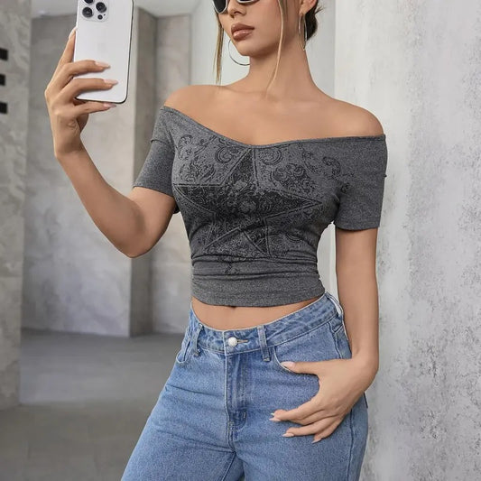 Y2k Graphic Tees Crop Tops Star Print Off Shoulder Short Sleeve T Shirts Hoodie, Sweatshirt | WearSparks.com