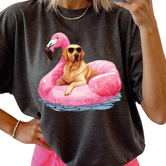 Yellow Lab Flamingo Float Dog Shirt ~ Unisex Apparel Relaxed Fit Printed In The USA Clothing Womenswear Casual Comfort...