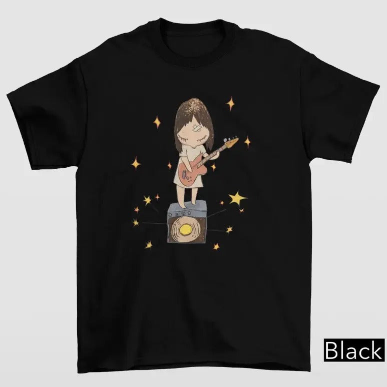 Yoshitomo Nara Guitar Girl And Star Graphic Tee, Coquette Japan Aesthetic Guitar Girl Tee