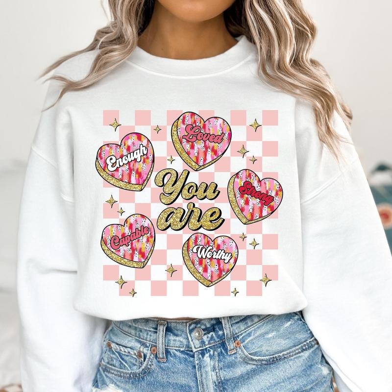 You Are Loved Valentines Heart Sweatshirt, Retro Valentine Sweatshirt, Brushstroke Valentine Sweatshirt, Retro Checkered...