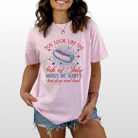 You Look Like The 4th Of July Shirt Retro, Makes Me Want A Hot Dog Real Bad Shirt, Funny 4th Of July Graphic Tee,...