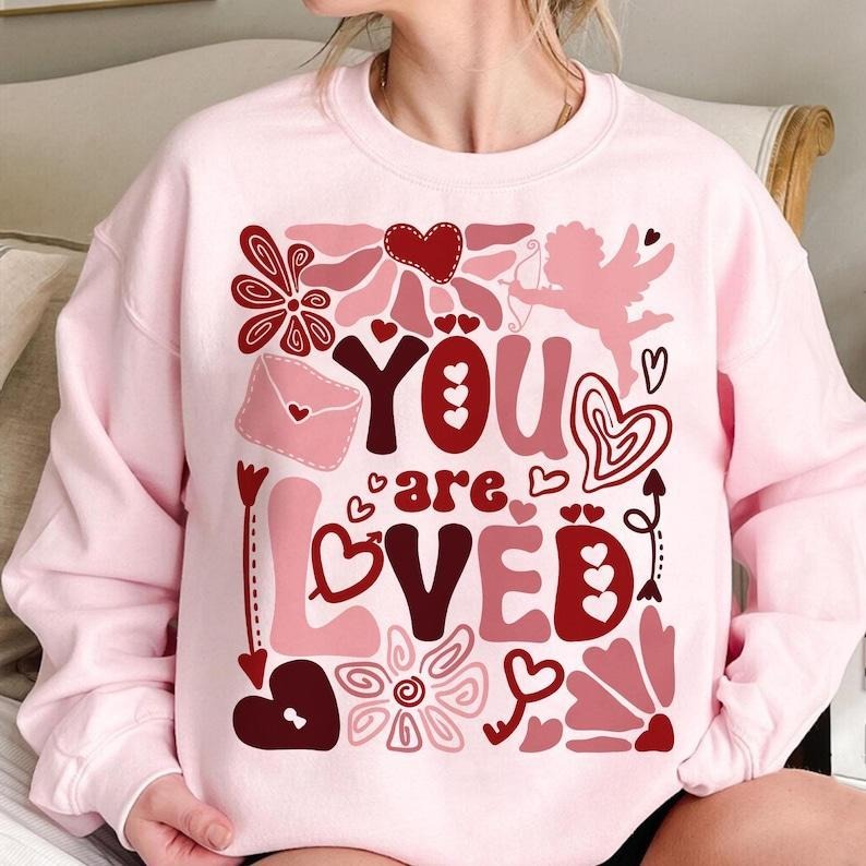 You are loved Shirt, Boho Valentine Floral Hoodie, Sweatshirt, T-Shirt, Valentine Heart Coquette Shirt, Cupid Shirt,...