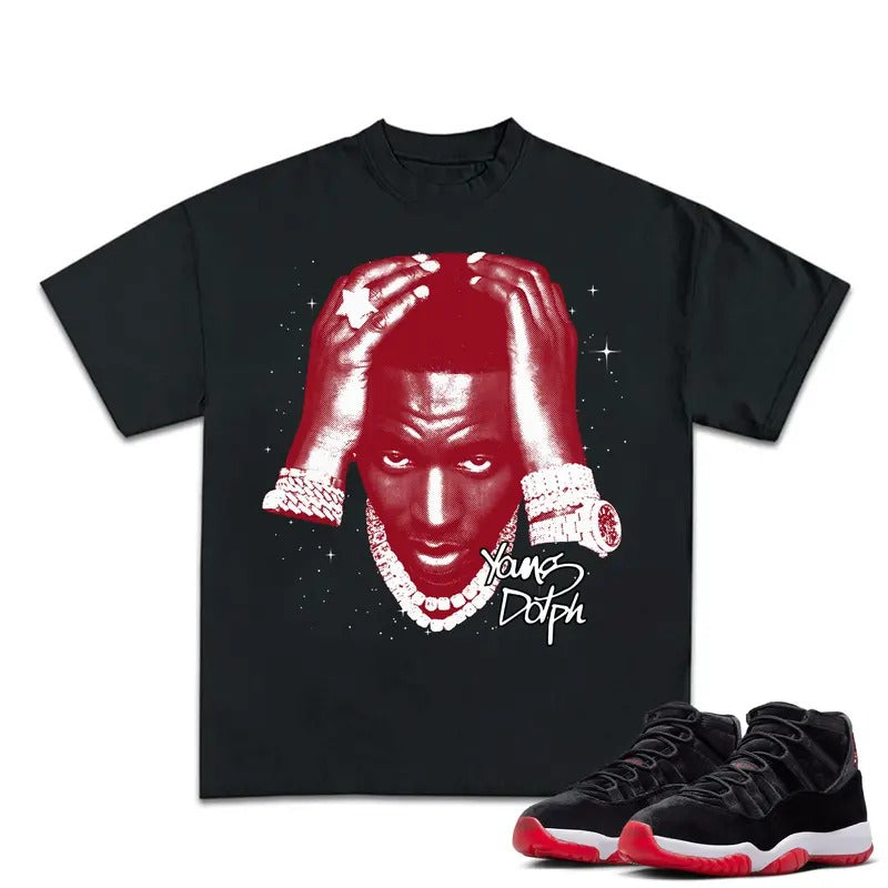 Young Dolph Match 11s Bred Velvet Sneakers Outfits, Menswear Essentials, Cotton T-shirt with Graphic Tee, Y2K Streetwear,...