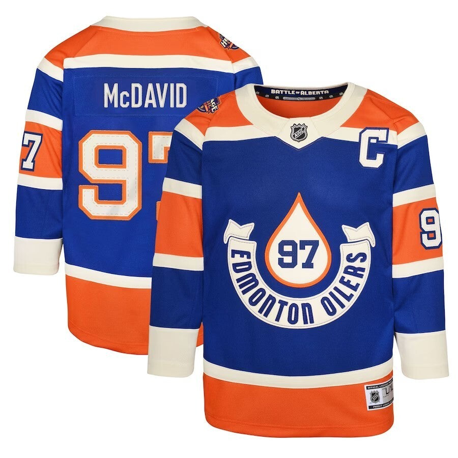 Youth Edmonton Oilers #97 Connor McDavid 2023 NHL Heritage Classic Premier Player Jersey – Royal